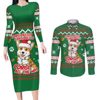 Corgi Dog Lights Corgi Bells Corgi All the Way Couples Matching Long Sleeve Bodycon Dress and Long Sleeve Button Shirt wirh Green Snowflake Pattern Design - Wonder Print Shop