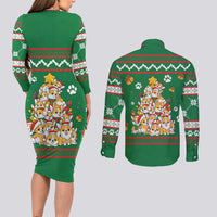 Corgi Dog Lights Corgi Bells Corgi All the Way Couples Matching Long Sleeve Bodycon Dress and Long Sleeve Button Shirt wirh Green Snowflake Pattern Design - Wonder Print Shop