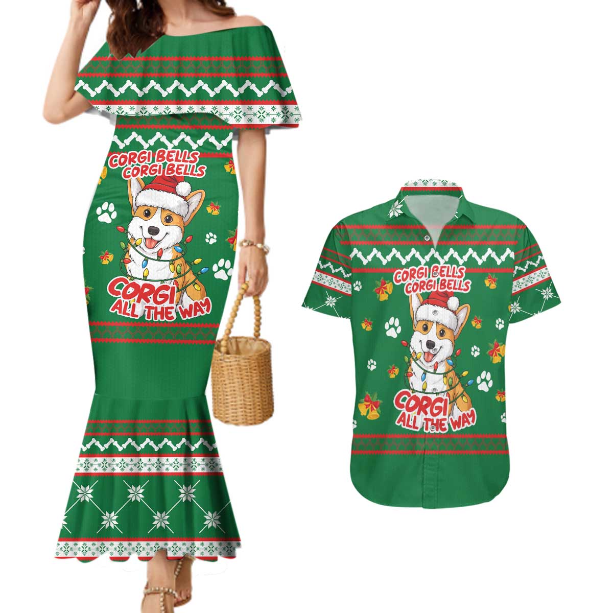 Corgi Dog Lights Corgi Bells Corgi All the Way Couples Matching Mermaid Dress and Hawaiian Shirt wirh Green Snowflake Pattern Design - Wonder Print Shop