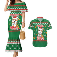 Corgi Dog Lights Corgi Bells Corgi All the Way Couples Matching Mermaid Dress and Hawaiian Shirt wirh Green Snowflake Pattern Design - Wonder Print Shop