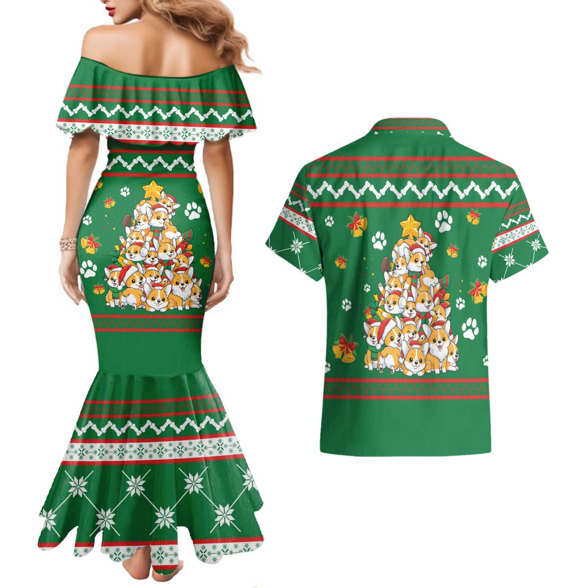 Corgi Dog Lights Corgi Bells Corgi All the Way Couples Matching Mermaid Dress and Hawaiian Shirt wirh Green Snowflake Pattern Design - Wonder Print Shop