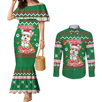 Corgi Dog Lights Corgi Bells Corgi All the Way Couples Matching Mermaid Dress and Long Sleeve Button Shirt wirh Green Snowflake Pattern Design - Wonder Print Shop