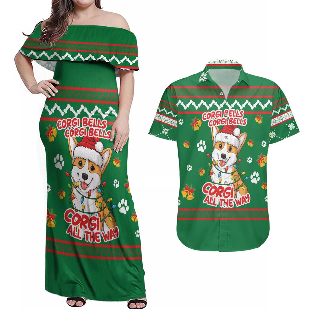 Corgi Dog Lights Corgi Bells Corgi All the Way Couples Matching Off Shoulder Maxi Dress and Hawaiian Shirt wirh Green Snowflake Pattern Design - Wonder Print Shop