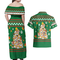 Corgi Dog Lights Corgi Bells Corgi All the Way Couples Matching Off Shoulder Maxi Dress and Hawaiian Shirt wirh Green Snowflake Pattern Design - Wonder Print Shop