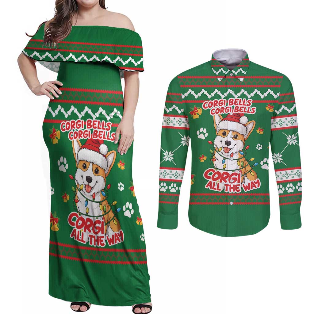 Corgi Dog Lights Corgi Bells Corgi All the Way Couples Matching Off Shoulder Maxi Dress and Long Sleeve Button Shirt wirh Green Snowflake Pattern Design - Wonder Print Shop