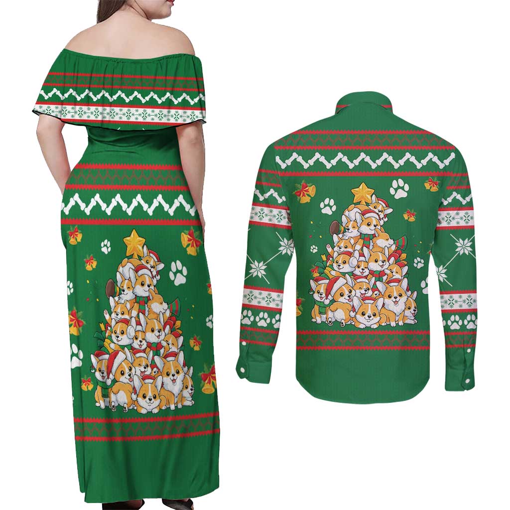 Corgi Dog Lights Corgi Bells Corgi All the Way Couples Matching Off Shoulder Maxi Dress and Long Sleeve Button Shirt wirh Green Snowflake Pattern Design - Wonder Print Shop