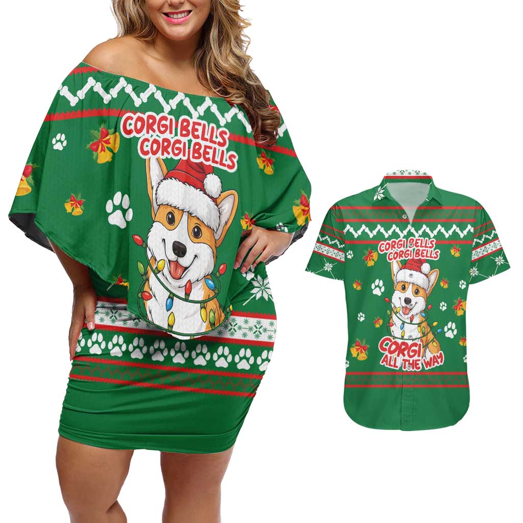 Corgi Dog Lights Corgi Bells Corgi All the Way Couples Matching Off Shoulder Short Dress and Hawaiian Shirt wirh Green Snowflake Pattern Design - Wonder Print Shop