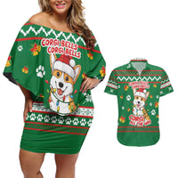Corgi Dog Lights Corgi Bells Corgi All the Way Couples Matching Off Shoulder Short Dress and Hawaiian Shirt wirh Green Snowflake Pattern Design - Wonder Print Shop
