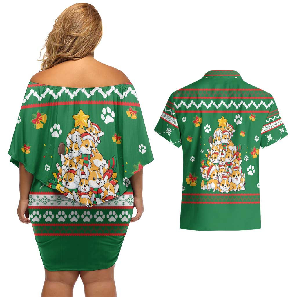 Corgi Dog Lights Corgi Bells Corgi All the Way Couples Matching Off Shoulder Short Dress and Hawaiian Shirt wirh Green Snowflake Pattern Design - Wonder Print Shop