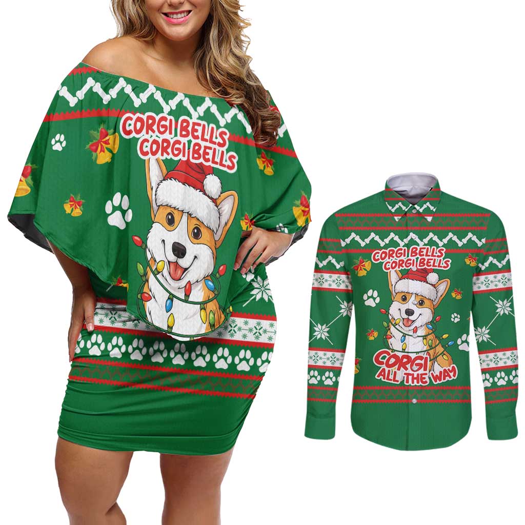 Corgi Dog Lights Corgi Bells Corgi All the Way Couples Matching Off Shoulder Short Dress and Long Sleeve Button Shirt wirh Green Snowflake Pattern Design - Wonder Print Shop