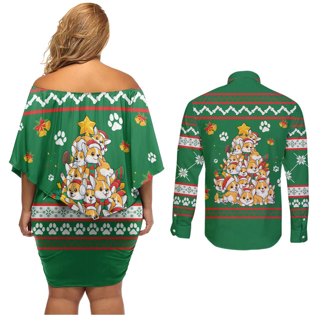 Corgi Dog Lights Corgi Bells Corgi All the Way Couples Matching Off Shoulder Short Dress and Long Sleeve Button Shirt wirh Green Snowflake Pattern Design - Wonder Print Shop