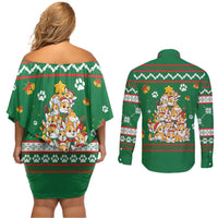 Corgi Dog Lights Corgi Bells Corgi All the Way Couples Matching Off Shoulder Short Dress and Long Sleeve Button Shirt wirh Green Snowflake Pattern Design - Wonder Print Shop