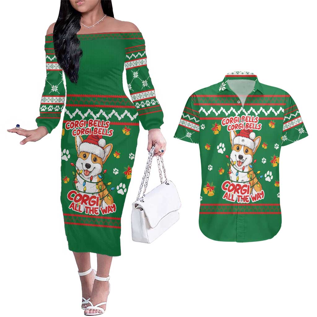 Corgi Dog Lights Corgi Bells Corgi All the Way Couples Matching Off The Shoulder Long Sleeve Dress and Hawaiian Shirt wirh Green Snowflake Pattern Design - Wonder Print Shop