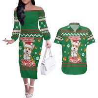 Corgi Dog Lights Corgi Bells Corgi All the Way Couples Matching Off The Shoulder Long Sleeve Dress and Hawaiian Shirt wirh Green Snowflake Pattern Design - Wonder Print Shop