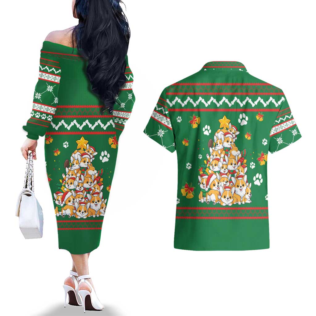 Corgi Dog Lights Corgi Bells Corgi All the Way Couples Matching Off The Shoulder Long Sleeve Dress and Hawaiian Shirt wirh Green Snowflake Pattern Design - Wonder Print Shop