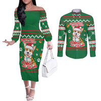 Corgi Dog Lights Corgi Bells Corgi All the Way Couples Matching Off The Shoulder Long Sleeve Dress and Long Sleeve Button Shirt wirh Green Snowflake Pattern Design - Wonder Print Shop