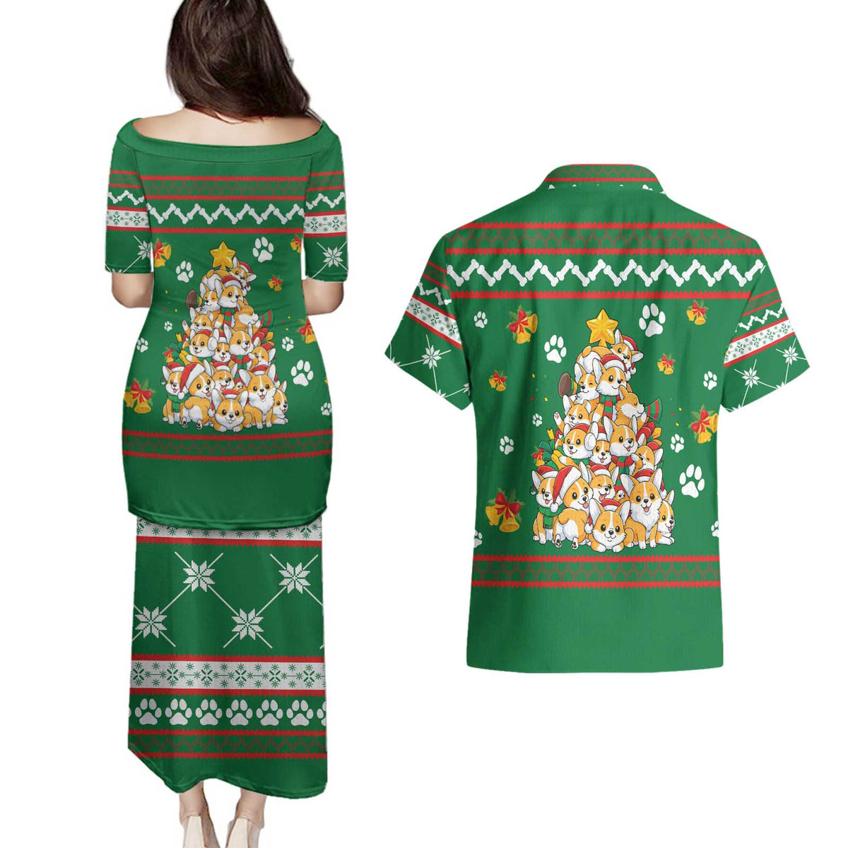 Corgi Dog Lights Corgi Bells Corgi All the Way Couples Matching Puletasi and Hawaiian Shirt wirh Green Snowflake Pattern Design - Wonder Print Shop