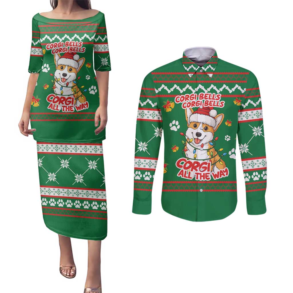 Corgi Dog Lights Corgi Bells Corgi All the Way Couples Matching Puletasi and Long Sleeve Button Shirt wirh Green Snowflake Pattern Design - Wonder Print Shop