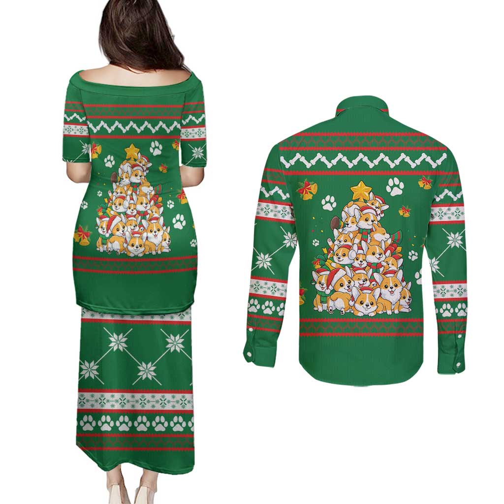 Corgi Dog Lights Corgi Bells Corgi All the Way Couples Matching Puletasi and Long Sleeve Button Shirt wirh Green Snowflake Pattern Design - Wonder Print Shop