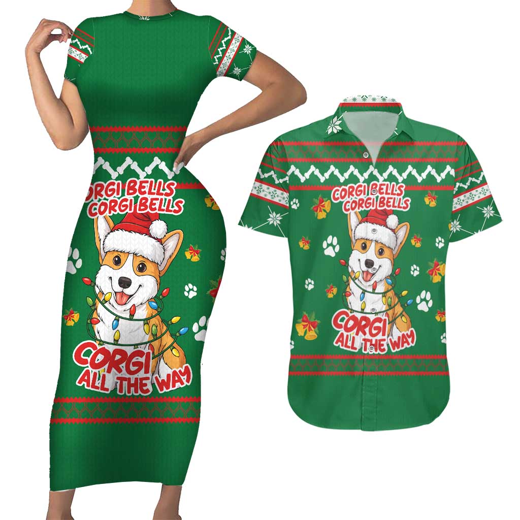 Corgi Dog Lights Corgi Bells Corgi All the Way Couples Matching Short Sleeve Bodycon Dress and Hawaiian Shirt wirh Green Snowflake Pattern Design - Wonder Print Shop