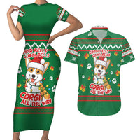 Corgi Dog Lights Corgi Bells Corgi All the Way Couples Matching Short Sleeve Bodycon Dress and Hawaiian Shirt wirh Green Snowflake Pattern Design - Wonder Print Shop