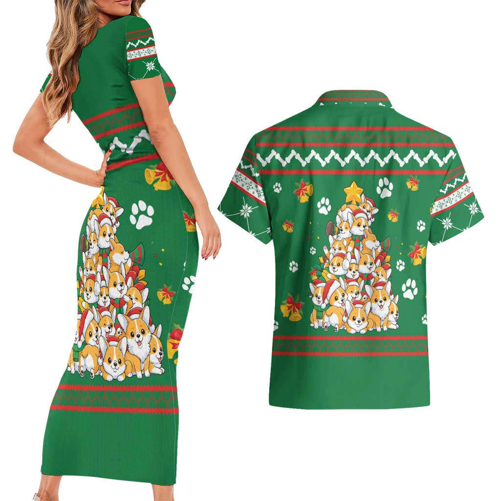 Corgi Dog Lights Corgi Bells Corgi All the Way Couples Matching Short Sleeve Bodycon Dress and Hawaiian Shirt wirh Green Snowflake Pattern Design - Wonder Print Shop