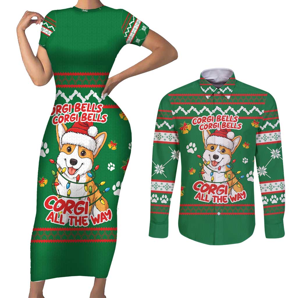 Corgi Dog Lights Corgi Bells Corgi All the Way Couples Matching Short Sleeve Bodycon Dress and Long Sleeve Button Shirt wirh Green Snowflake Pattern Design - Wonder Print Shop