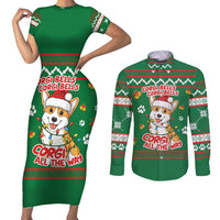 Corgi Dog Lights Corgi Bells Corgi All the Way Couples Matching Short Sleeve Bodycon Dress and Long Sleeve Button Shirt wirh Green Snowflake Pattern Design - Wonder Print Shop