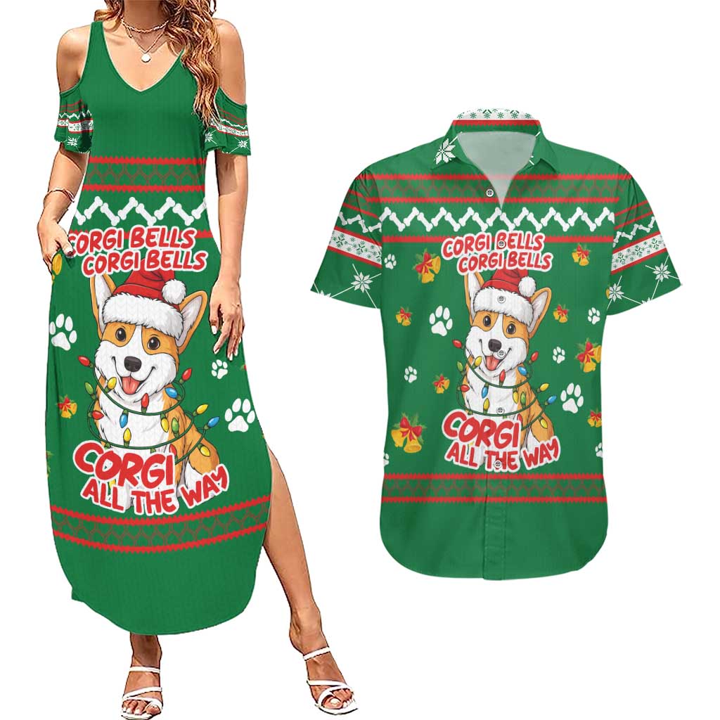 Corgi Dog Lights Corgi Bells Corgi All the Way Couples Matching Summer Maxi Dress and Hawaiian Shirt wirh Green Snowflake Pattern Design - Wonder Print Shop