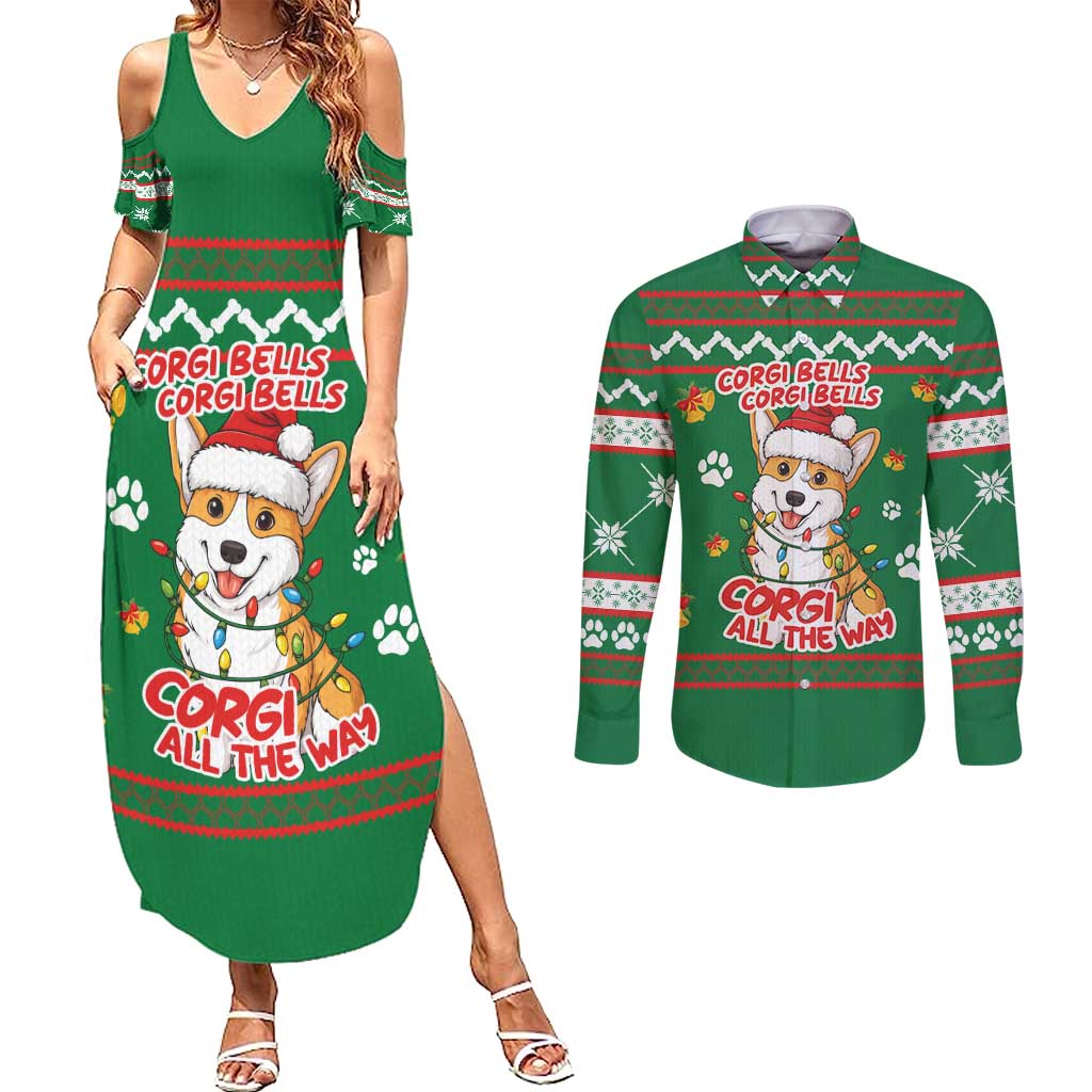 Corgi Dog Lights Corgi Bells Corgi All the Way Couples Matching Summer Maxi Dress and Long Sleeve Button Shirt wirh Green Snowflake Pattern Design - Wonder Print Shop