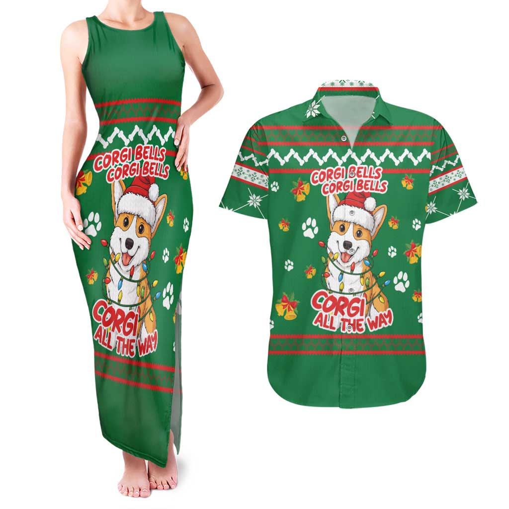 Corgi Dog Lights Corgi Bells Corgi All the Way Couples Matching Tank Maxi Dress and Hawaiian Shirt wirh Green Snowflake Pattern Design - Wonder Print Shop