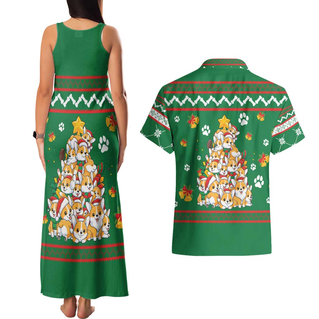 Corgi Dog Lights Corgi Bells Corgi All the Way Couples Matching Tank Maxi Dress and Hawaiian Shirt wirh Green Snowflake Pattern Design - Wonder Print Shop