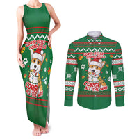 Corgi Dog Lights Corgi Bells Corgi All the Way Couples Matching Tank Maxi Dress and Long Sleeve Button Shirt wirh Green Snowflake Pattern Design - Wonder Print Shop