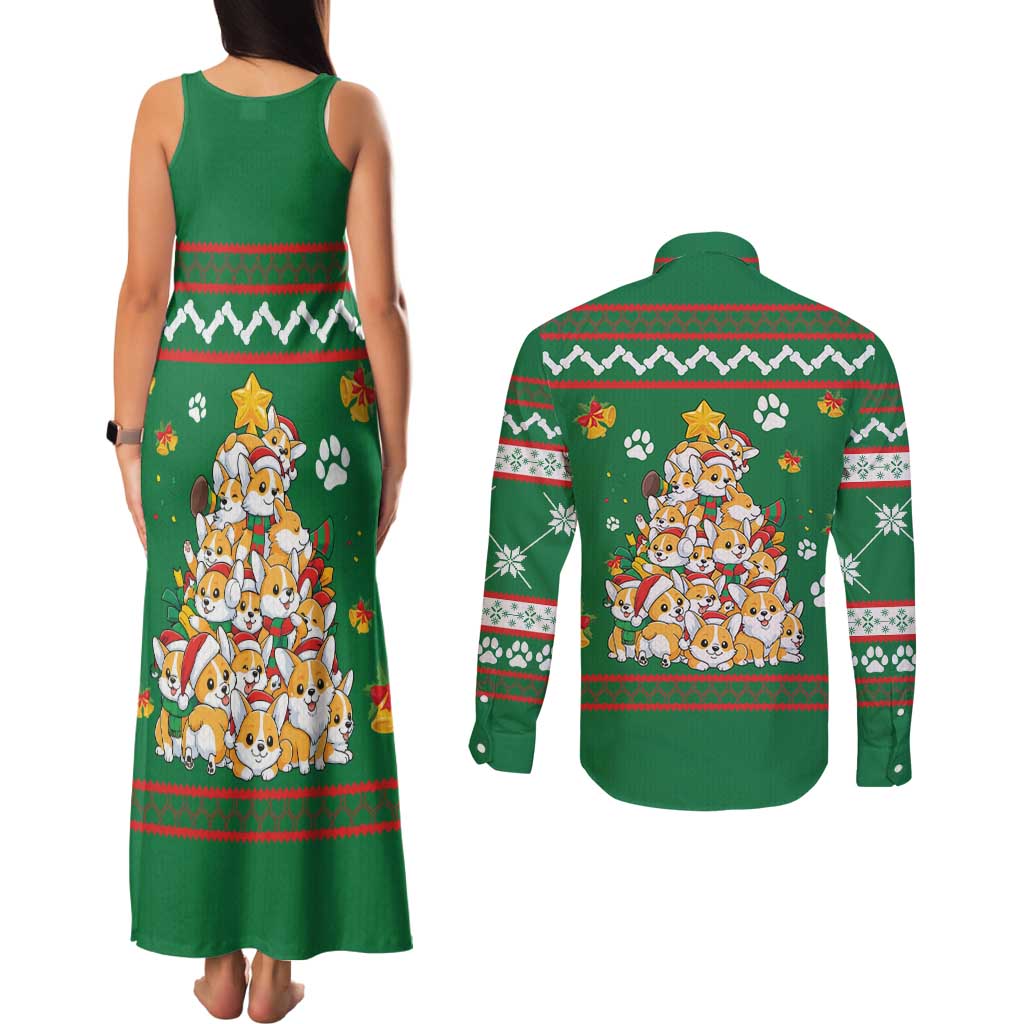 Corgi Dog Lights Corgi Bells Corgi All the Way Couples Matching Tank Maxi Dress and Long Sleeve Button Shirt wirh Green Snowflake Pattern Design - Wonder Print Shop