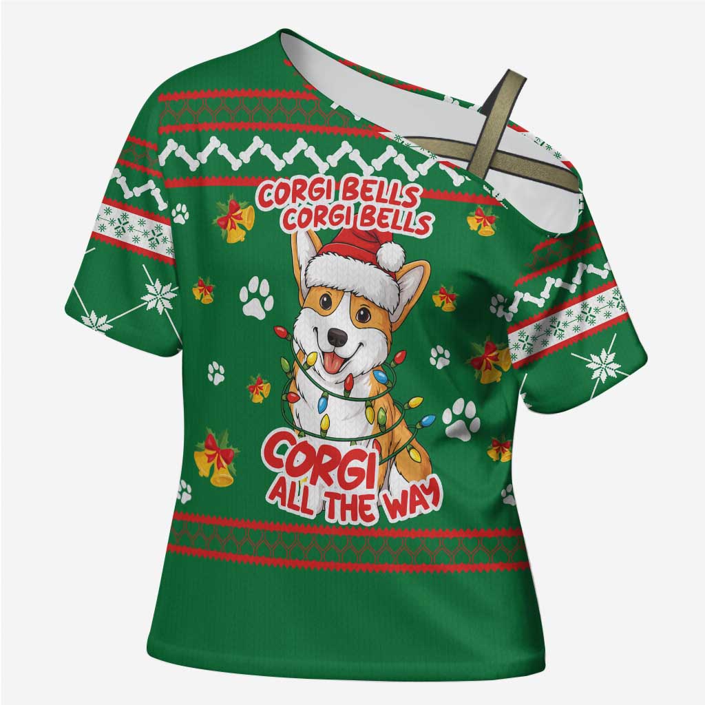 Corgi Dog Lights Corgi Bells Corgi All the Way Cross Shoulder Shirt wirh Green Snowflake Pattern Design - Wonder Print Shop