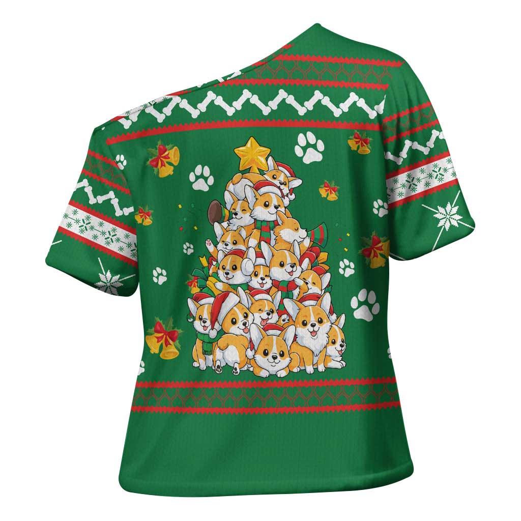 Corgi Dog Lights Corgi Bells Corgi All the Way Cross Shoulder Shirt wirh Green Snowflake Pattern Design - Wonder Print Shop