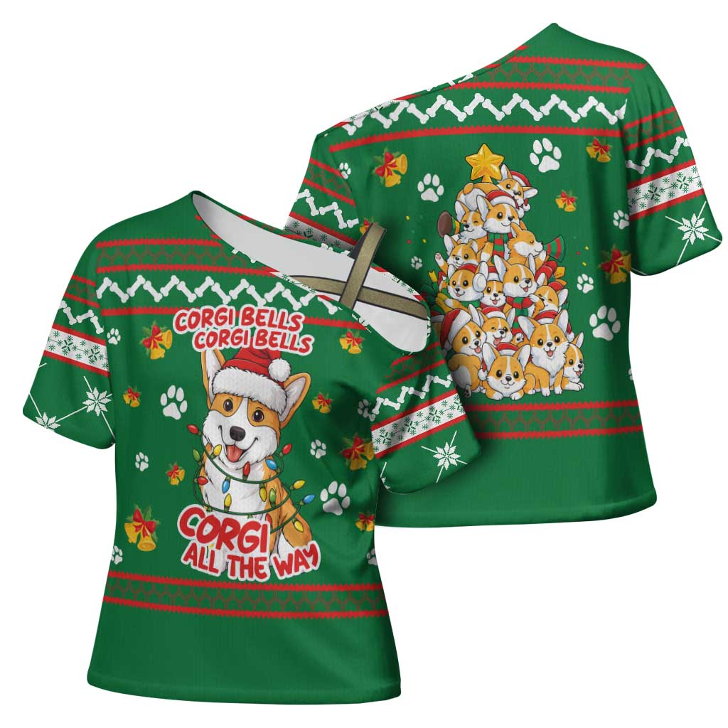 Corgi Dog Lights Corgi Bells Corgi All the Way Cross Shoulder Shirt wirh Green Snowflake Pattern Design - Wonder Print Shop