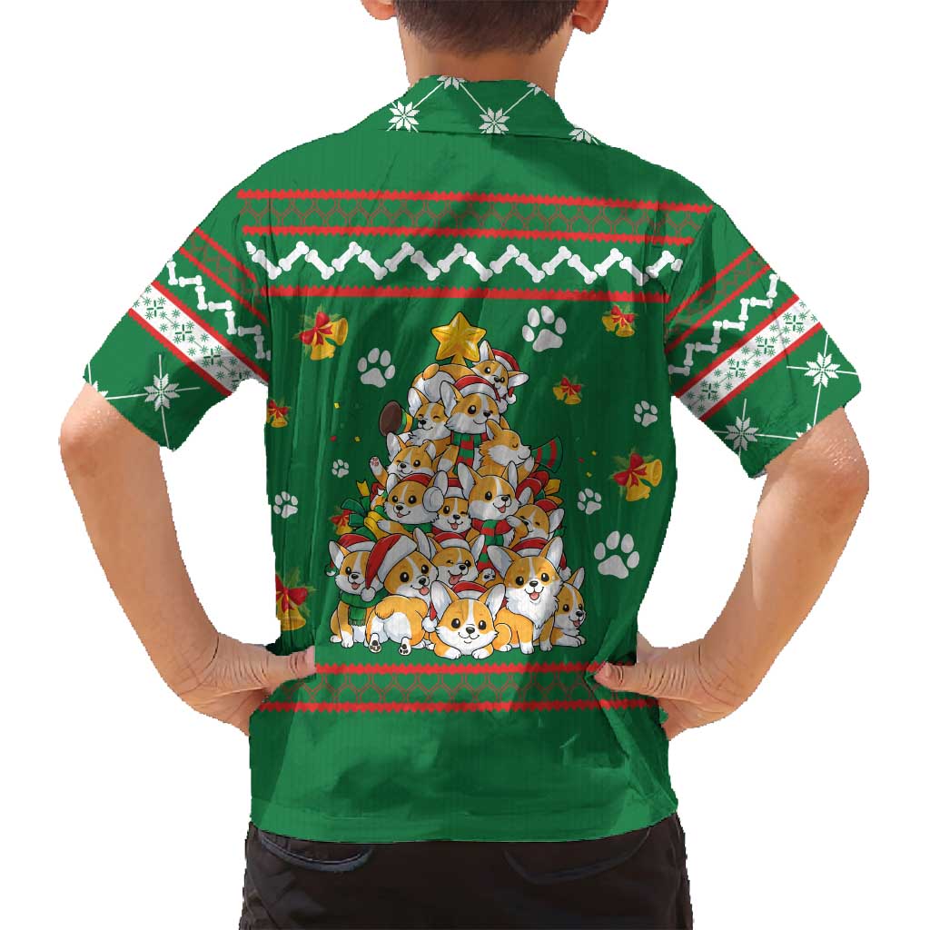 Corgi Dog Lights Corgi Bells Corgi All the Way Family Matching Long Sleeve Bodycon Dress and Hawaiian Shirt wirh Green Snowflake Pattern Design - Wonder Print Shop