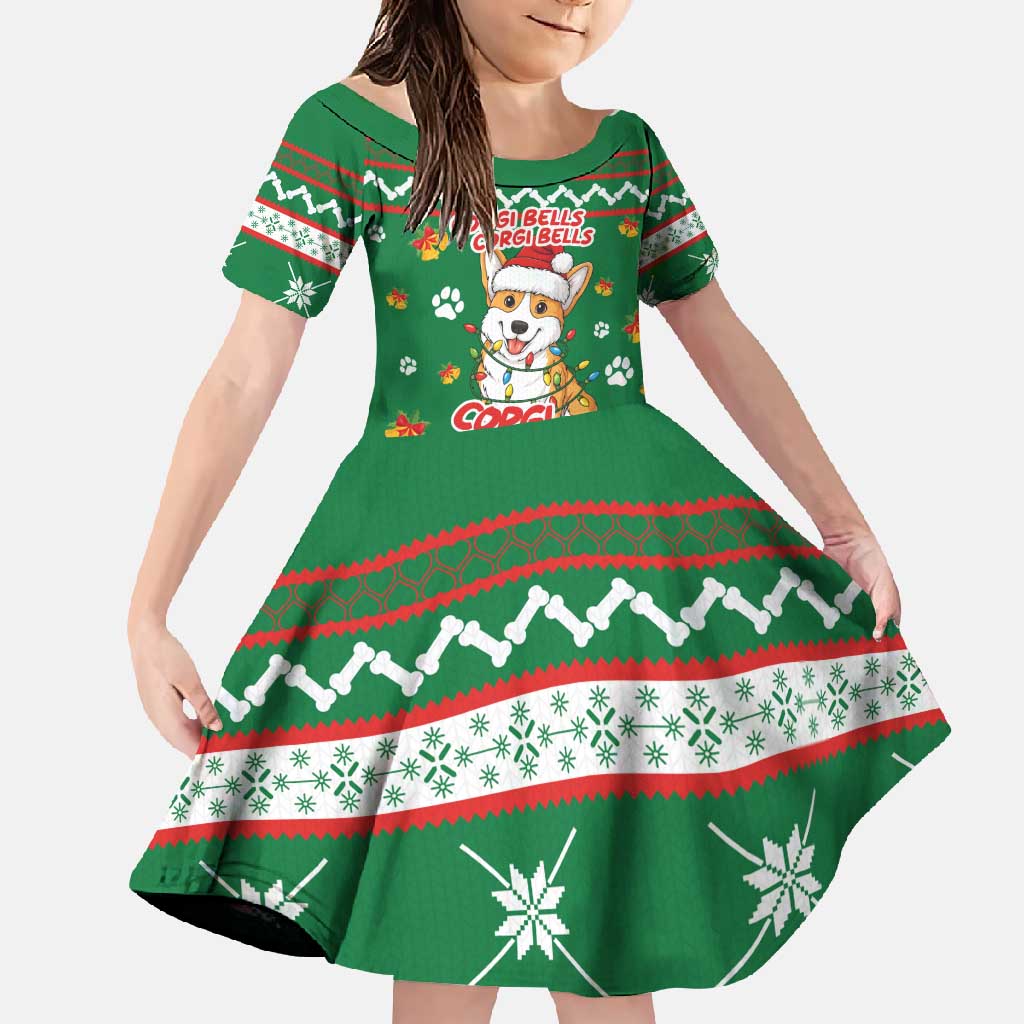 Corgi Dog Lights Corgi Bells Corgi All the Way Family Matching Long Sleeve Bodycon Dress and Hawaiian Shirt wirh Green Snowflake Pattern Design - Wonder Print Shop