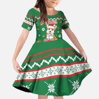 Corgi Dog Lights Corgi Bells Corgi All the Way Family Matching Long Sleeve Bodycon Dress and Hawaiian Shirt wirh Green Snowflake Pattern Design - Wonder Print Shop