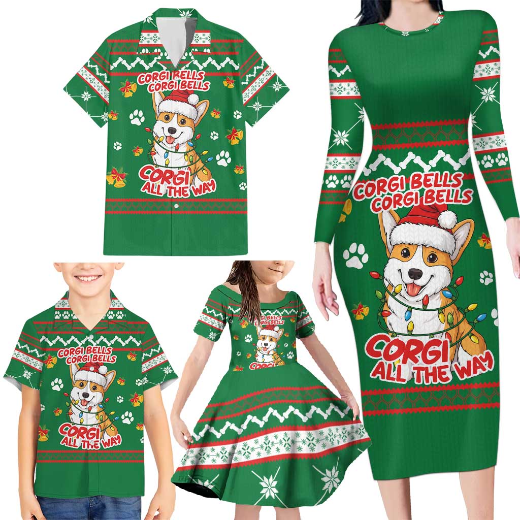 Corgi Dog Lights Corgi Bells Corgi All the Way Family Matching Long Sleeve Bodycon Dress and Hawaiian Shirt wirh Green Snowflake Pattern Design - Wonder Print Shop