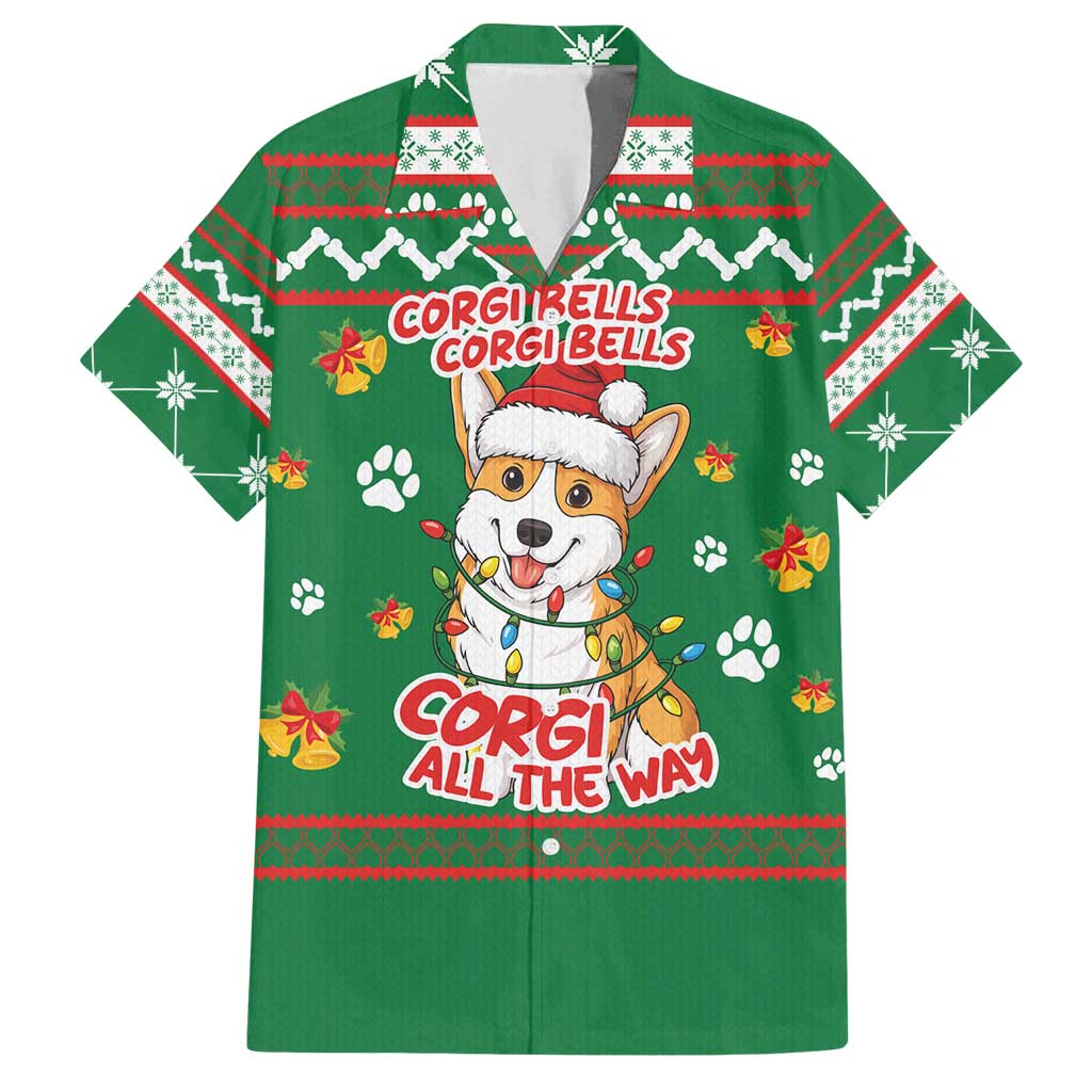 Corgi Dog Lights Corgi Bells Corgi All the Way Family Matching Long Sleeve Bodycon Dress and Hawaiian Shirt wirh Green Snowflake Pattern Design - Wonder Print Shop