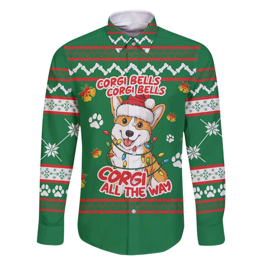 Corgi Dog Lights Corgi Bells Corgi All the Way Family Matching Long Sleeve Bodycon Dress and Hawaiian Shirt wirh Green Snowflake Pattern Design - Wonder Print Shop