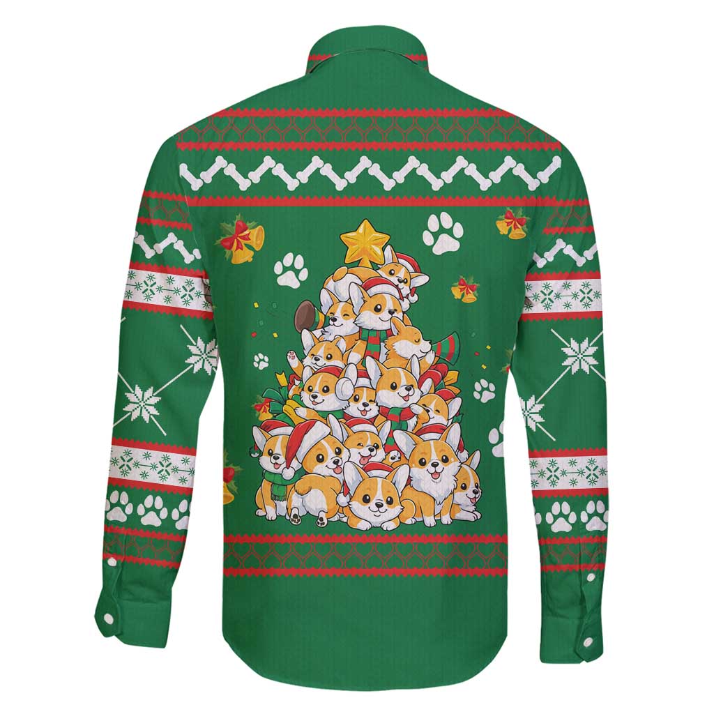Corgi Dog Lights Corgi Bells Corgi All the Way Family Matching Long Sleeve Bodycon Dress and Hawaiian Shirt wirh Green Snowflake Pattern Design - Wonder Print Shop
