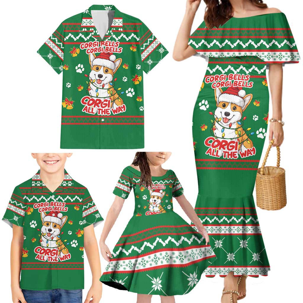 Corgi Dog Lights Corgi Bells Corgi All the Way Family Matching Mermaid Dress and Hawaiian Shirt wirh Green Snowflake Pattern Design - Wonder Print Shop