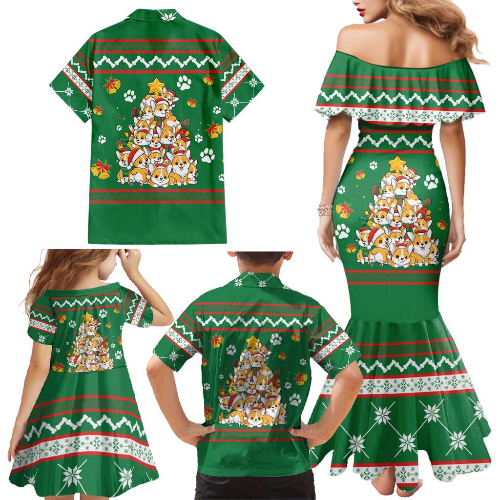Corgi Dog Lights Corgi Bells Corgi All the Way Family Matching Mermaid Dress and Hawaiian Shirt wirh Green Snowflake Pattern Design - Wonder Print Shop