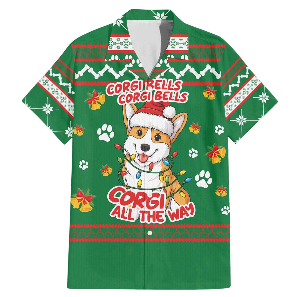 Corgi Dog Lights Corgi Bells Corgi All the Way Family Matching Mermaid Dress and Hawaiian Shirt wirh Green Snowflake Pattern Design - Wonder Print Shop