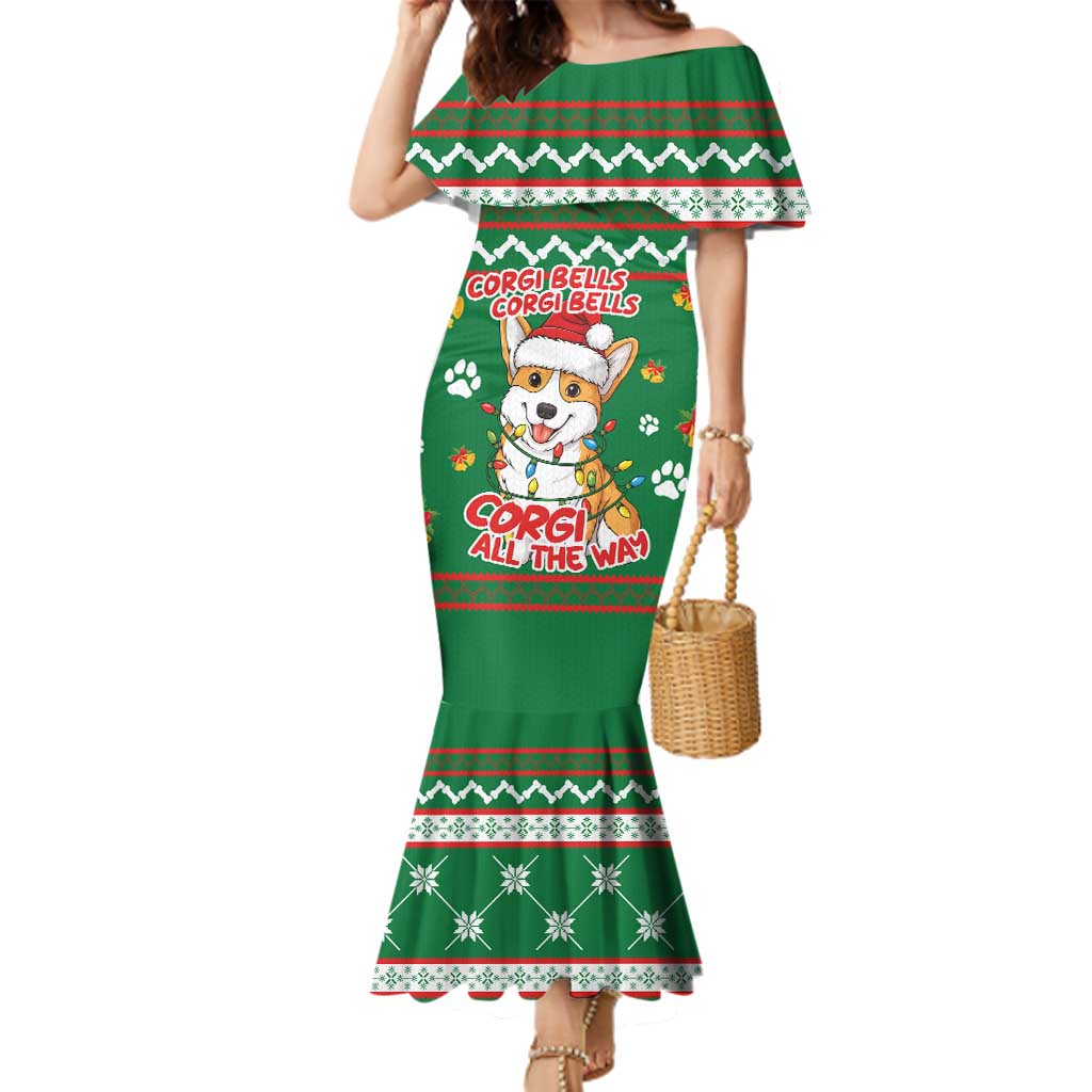 Corgi Dog Lights Corgi Bells Corgi All the Way Family Matching Mermaid Dress and Hawaiian Shirt wirh Green Snowflake Pattern Design - Wonder Print Shop