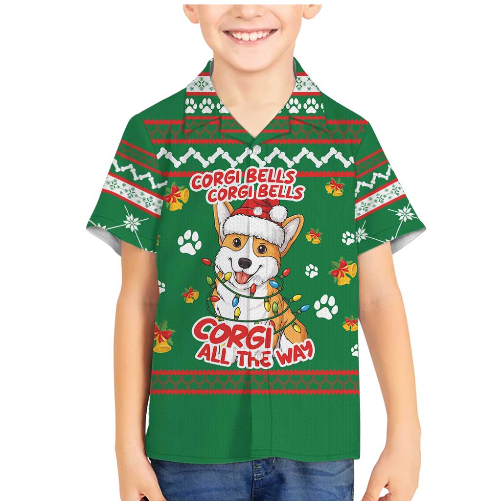 Corgi Dog Lights Corgi Bells Corgi All the Way Family Matching Mermaid Dress and Hawaiian Shirt wirh Green Snowflake Pattern Design - Wonder Print Shop