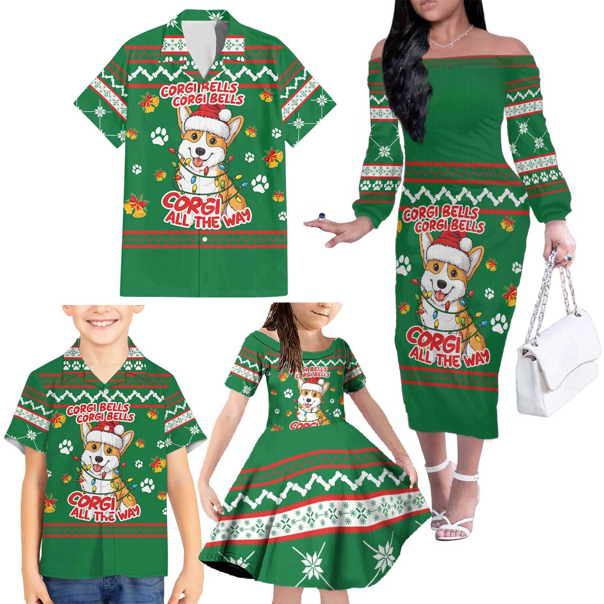 Corgi Dog Lights Corgi Bells Corgi All the Way Family Matching Off The Shoulder Long Sleeve Dress and Hawaiian Shirt wirh Green Snowflake Pattern Design - Wonder Print Shop